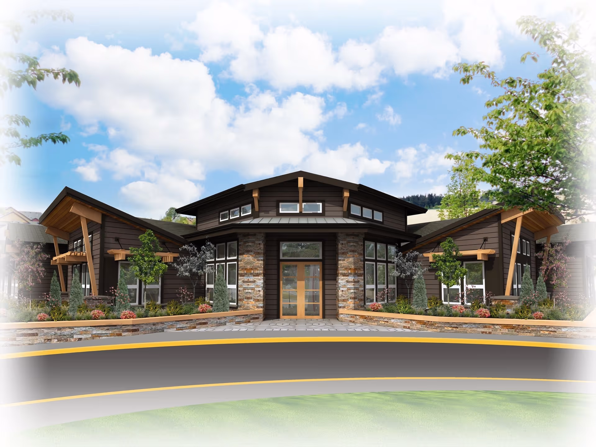 Front exterior view of a modern single-story building with dark wood siding, stone accents, large windows, and a central entrance door. The building is surrounded by landscaped greenery and trees under a partly cloudy blue sky.