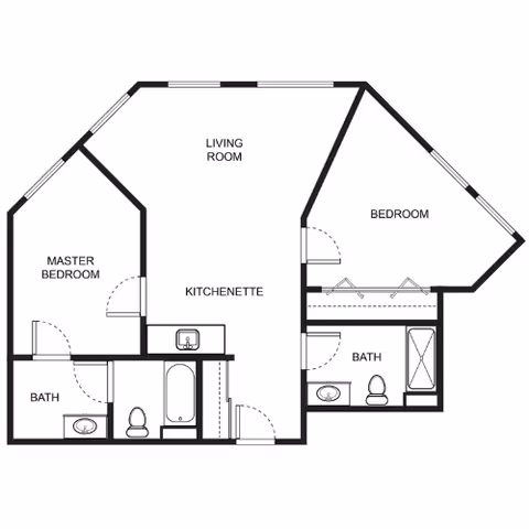Black-and-white floor plan of a two-bedroom unit with a living room, kitchenette, master bedroom, second bedroom, and two bathrooms.