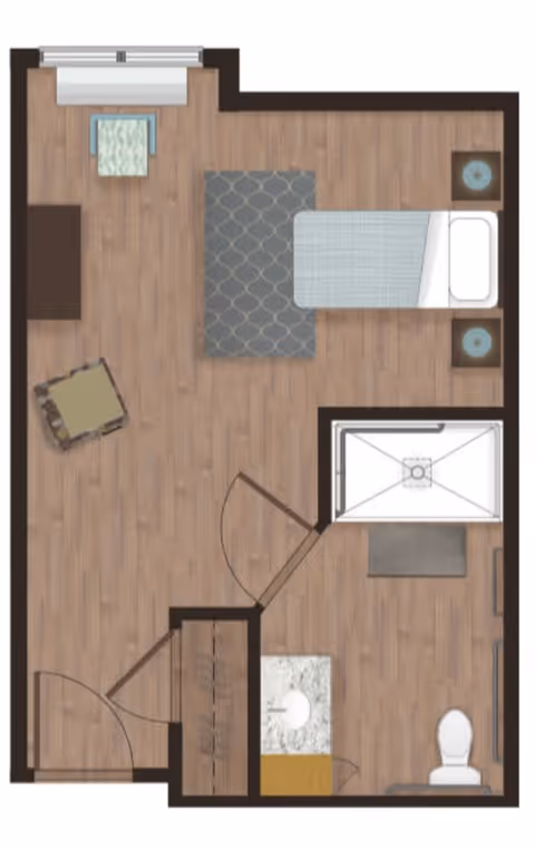 Floor plan of a senior living facility room at Ponte Vedra Gardens showing a bedroom area with a bed, two nightstands, a chair, and a small table. The room also includes a bathroom with a shower, toilet, and sink, and a closet near the entrance.