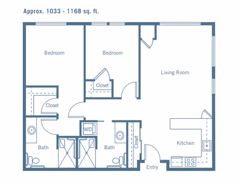 Floor plan of a residential unit approximately 1033 to 1168 square feet, featuring two bedrooms each with a closet, two bathrooms, a living room, a kitchen, an entry area, and a washer/dryer space.