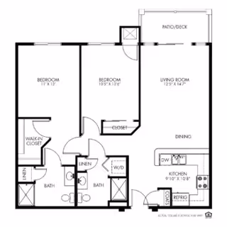 Architectural floor plan of a two-bedroom apartment at The Fountains, showing dimensions for each room including two bedrooms, two bathrooms, a living room, dining area, kitchen, walk-in closet, linen closets, washer/dryer area, and a patio/deck.