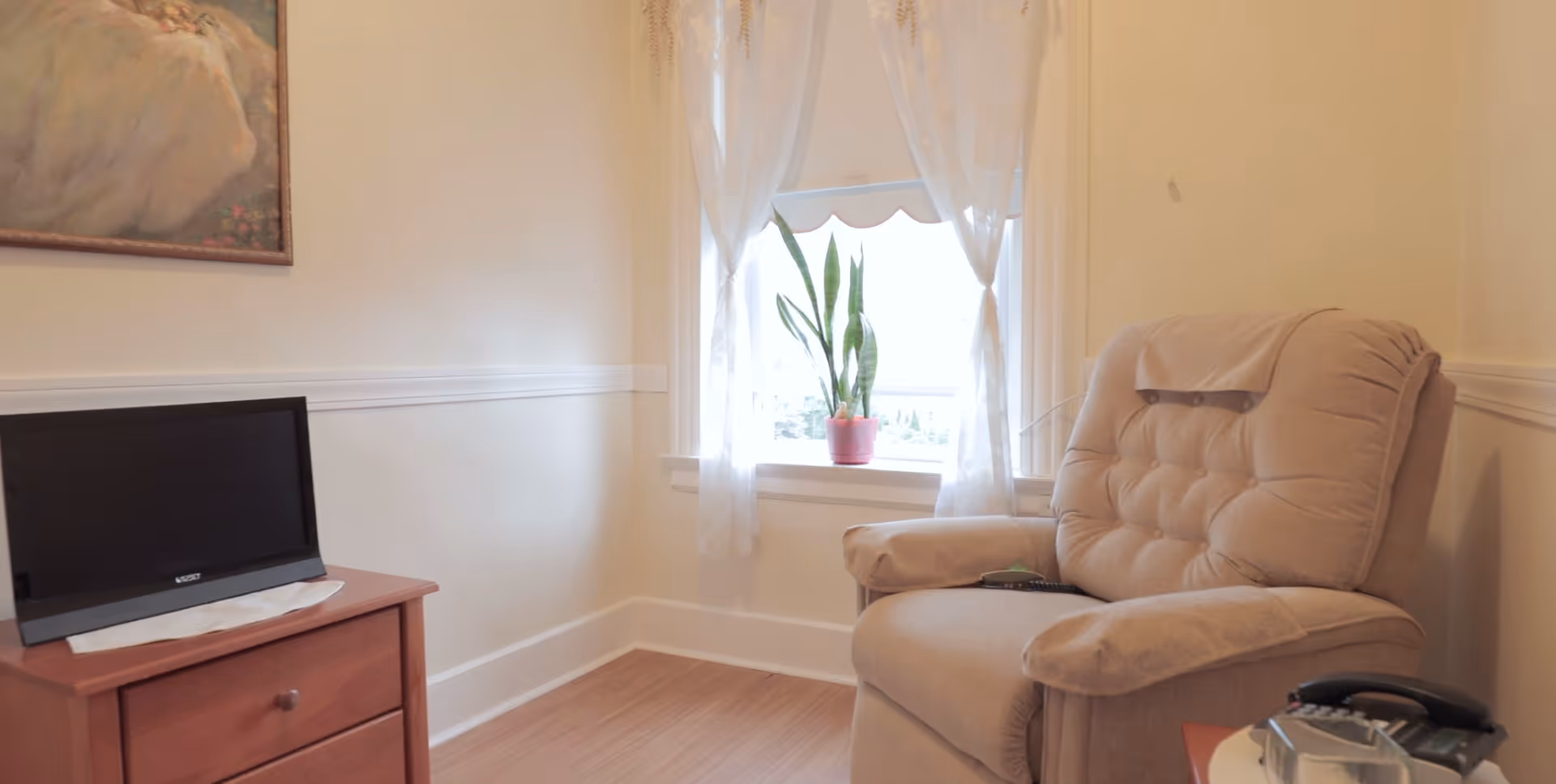 A small bright sitting room with a beige recliner by a window, a potted plant on the windowsill, and a TV on a wooden dresser.