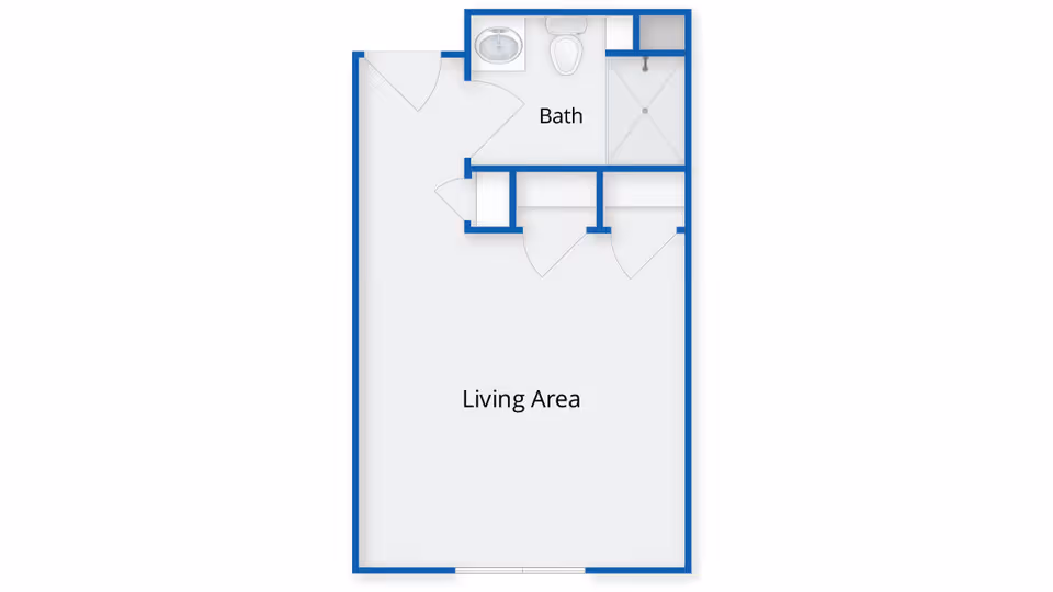 Floor plan of a living space at The Village at East Farms showing a living area and a bathroom with a sink, toilet, and shower.