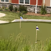 Outdoor putting green with two small flags on poles, surrounded by grass and landscaping, with a building wall and windows in the background.
