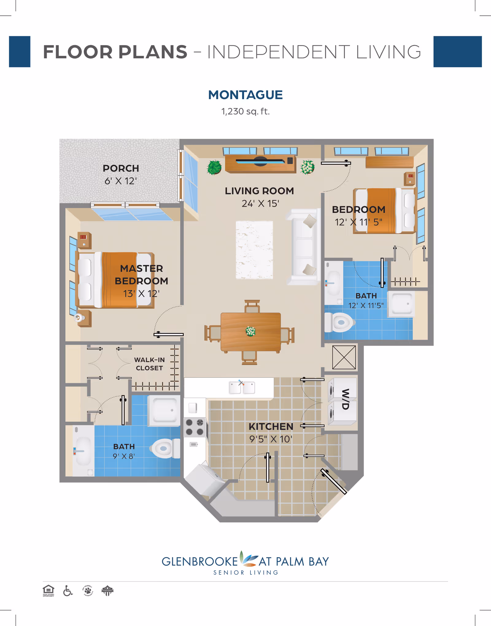 Floor plan of Montague independent living unit at Glenbrooke Senior Living showing a porch, living room, master bedroom with walk-in closet and bathroom, second bedroom, second bathroom, kitchen, and washer/dryer area. Dimensions for each room are provided.