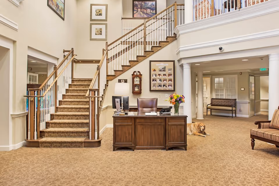 A spacious and well-lit reception area in a senior living facility featuring a wooden desk with a computer, lamp, and a vase of flowers. Behind the desk is a staircase with carpeted steps and white railings leading to an upper floor. The walls are decorated with framed pictures and a clock. A golden retriever dog is lying on the carpeted floor near the desk. There are seating areas with chairs and a bench visible in the background.