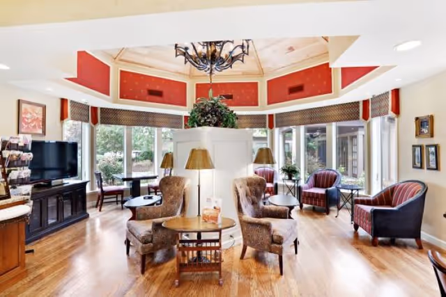 A bright and spacious senior living common area with wooden floors, multiple upholstered armchairs, small round tables, and floor lamps. Large windows surround the room, allowing natural light to fill the space. A decorative chandelier hangs from the ceiling, and greenery is placed on a central white partition. A television is visible on the left side of the room.