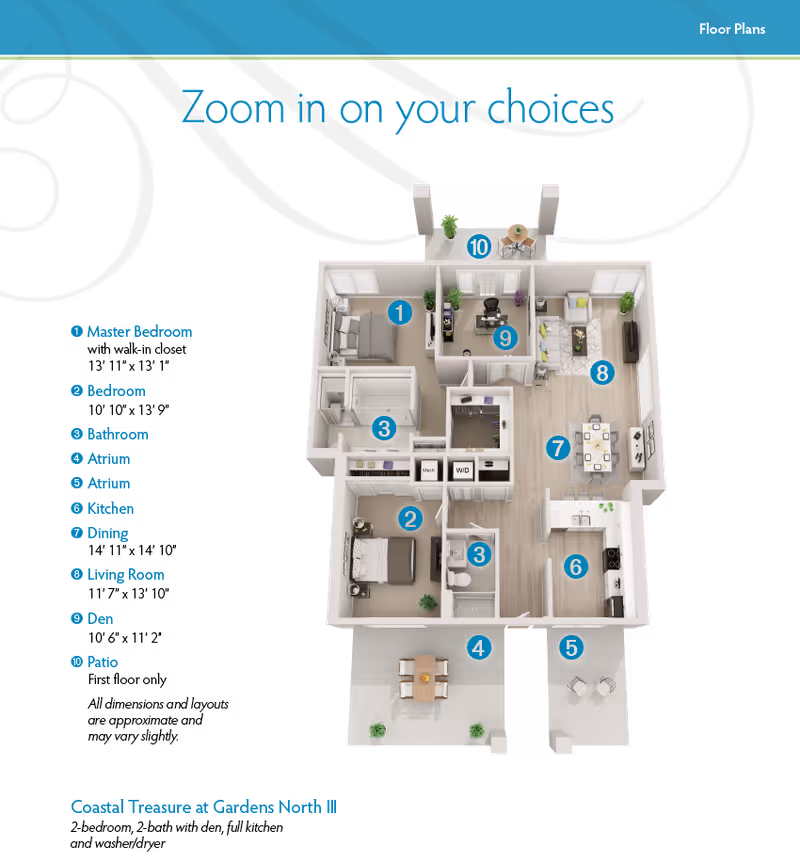 3D floor plan rendering of a two-bedroom retirement apartment with labeled rooms, kitchen, dining area, living room, den and patio.