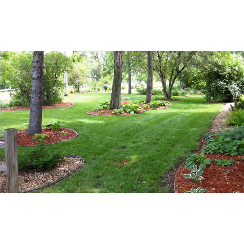 Manicured garden with a green lawn, tree trunks, mulched planting beds and shrubs.
