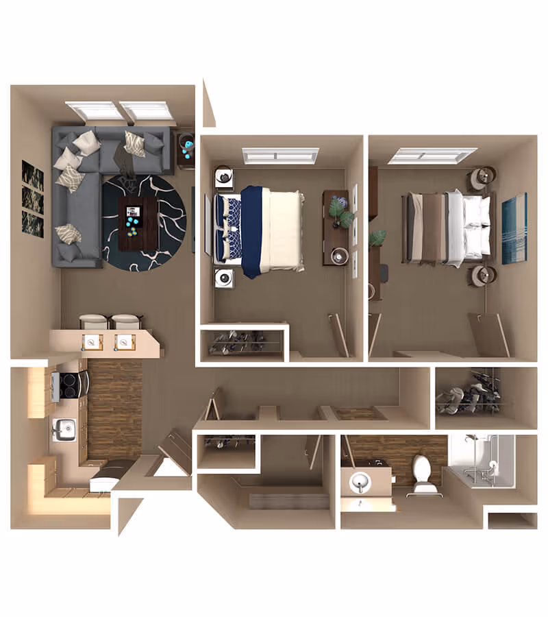 3D floor plan of a senior living apartment featuring two bedrooms, a living room with a sectional sofa and coffee table, a kitchen with appliances and a breakfast bar, a bathroom with a sink, toilet, and shower, and multiple closets.