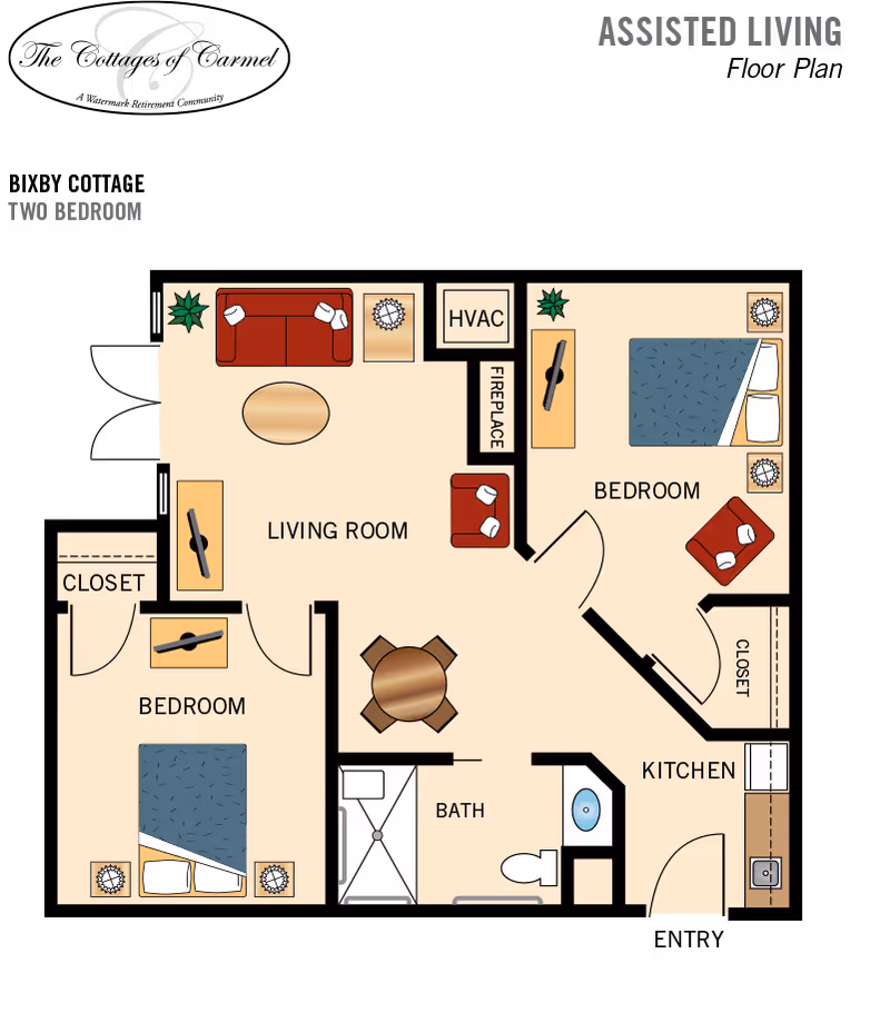 Floor plan of a two-bedroom assisted living apartment at The Cottages Of Carmel, showing a living room with seating and a fireplace, two bedrooms each with a bed and closet, a kitchen with a sink and appliances, a bathroom with a shower, toilet, and sink, and a dining area with a round table and chairs.