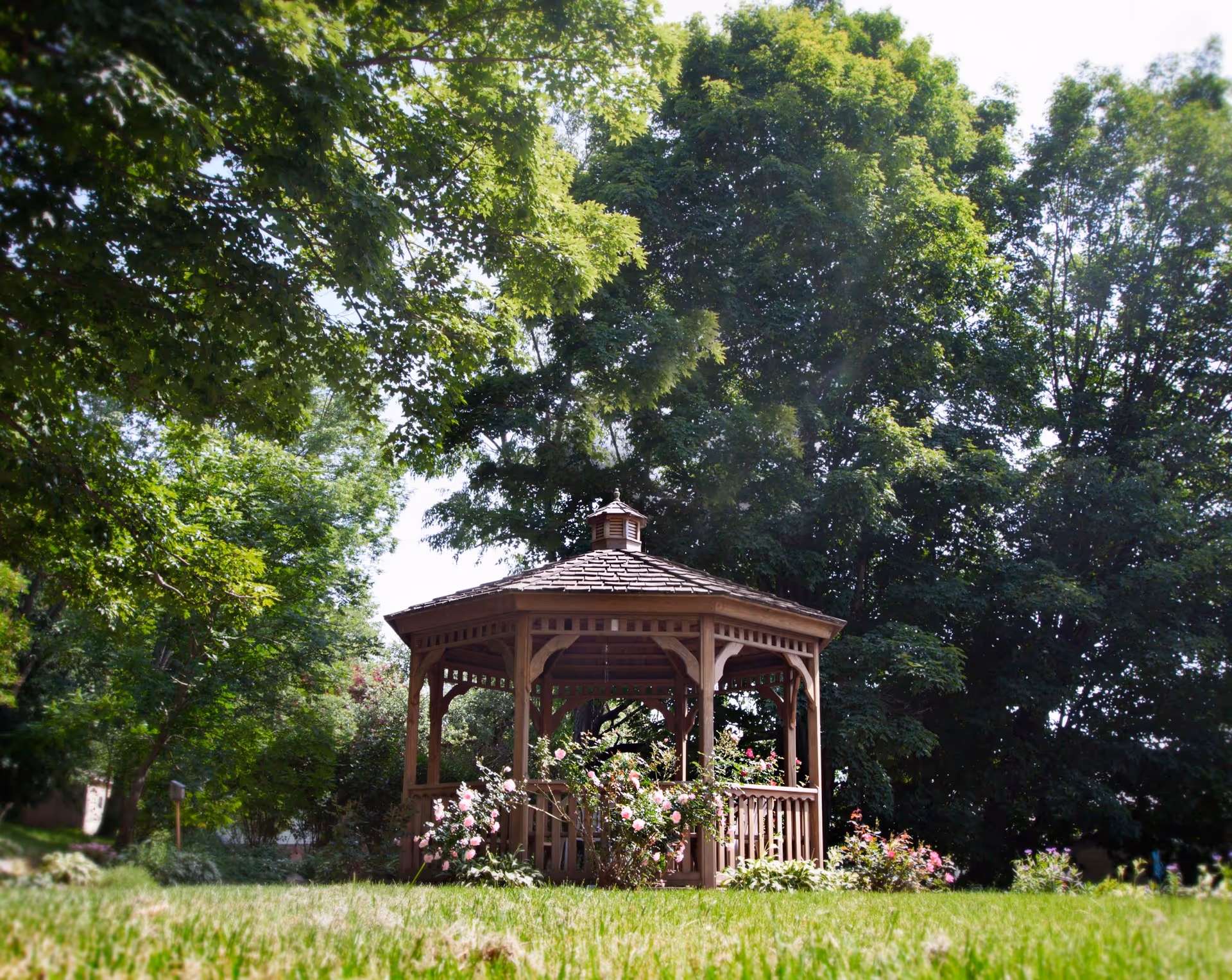 A wooden gazebo surrounded by green grass and blooming flowers, set against a backdrop of large leafy trees under a bright sky.