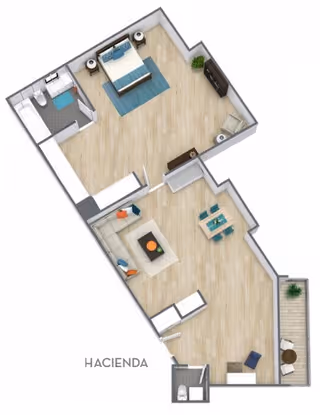 3D floor plan of a one-bedroom apartment named Hacienda at Meridian at Laguna Hills, showing a bedroom with a bed and nightstands, a bathroom with a shower, a living room with a sectional sofa and coffee table, a dining area with a table and four chairs, and a balcony with outdoor seating.