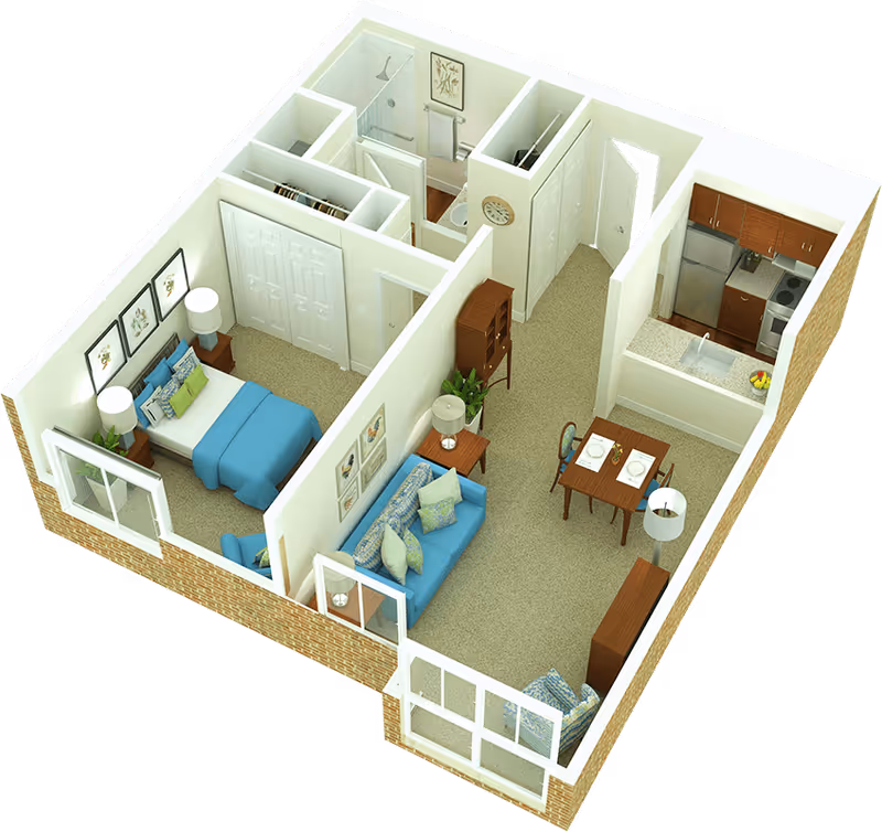 3D floor plan of a one-bedroom apartment featuring a bedroom with a bed and nightstands, a living room with a sofa and armchair, a dining area with a table set for two, a kitchen with appliances and cabinets, and a bathroom with a shower.