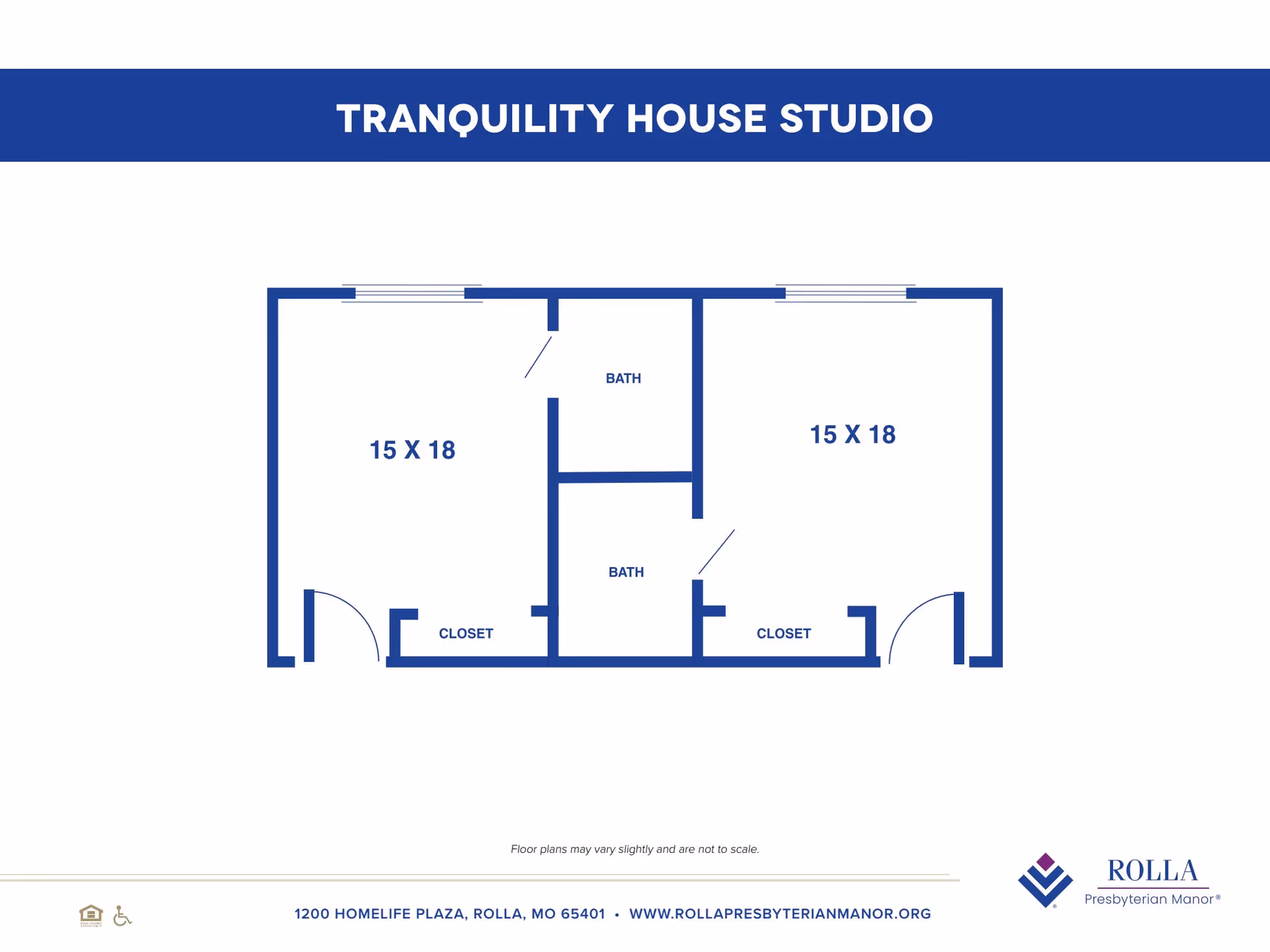 Floor plan of the Tranquility House Studio at Rolla Presbyterian Manor showing two 15x18 rooms each with a closet and two bathrooms in between.