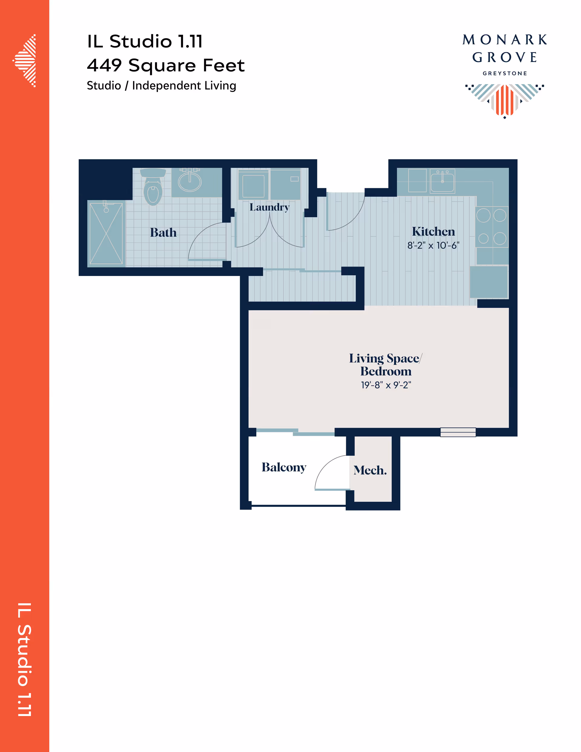 Floor plan of a studio apartment labeled IL Studio 1.11 with 449 square feet for independent living at Monark Grove Greystone. The layout includes a bath, laundry area, kitchen measuring 8 feet 2 inches by 10 feet 6 inches, living space/bedroom measuring 19 feet 8 inches by 9 feet 2 inches, a balcony, and a mechanical room.