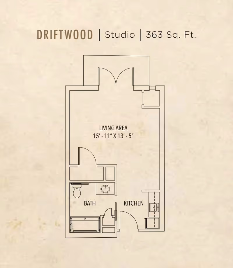 Floor plan of a studio apartment named Driftwood with a total area of 363 square feet. The layout includes a living area measuring 15 feet 11 inches by 13 feet 5 inches, a kitchen, and a bathroom with a toilet, sink, and bathtub.
