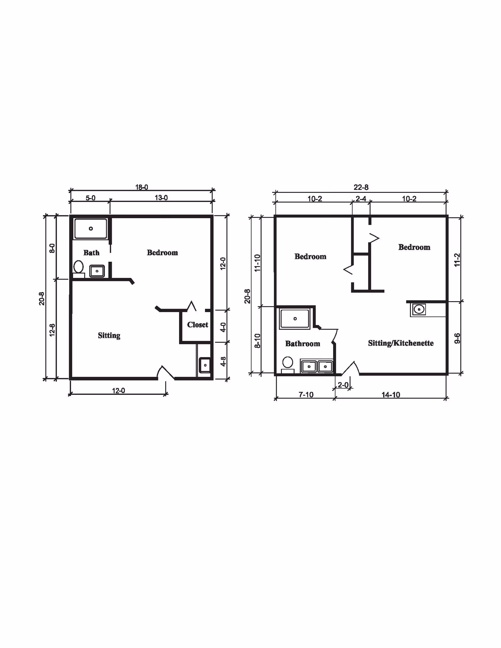 Architectural floor plans showing two different apartment layouts. The left plan includes a bedroom, bath, sitting area, and closet with dimensions marked. The right plan includes two bedrooms, a bathroom, and a sitting/kitchenette area with dimensions marked.