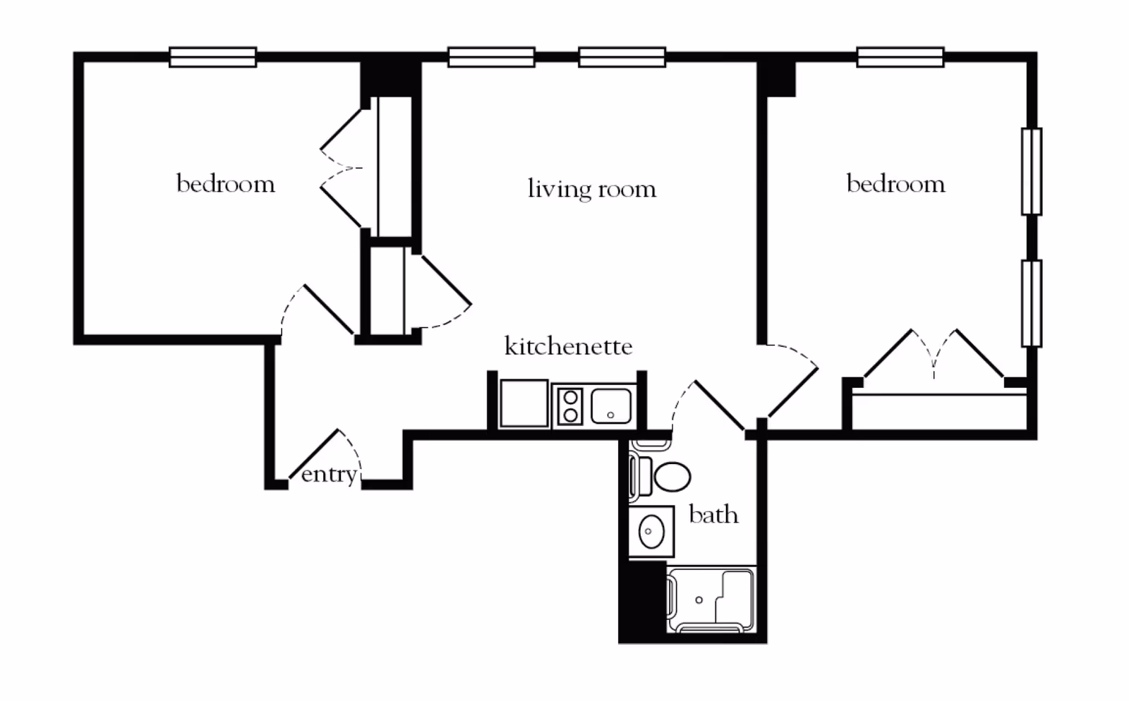 Black and white floor plan of a living space at Atria Maplewood Place showing two bedrooms, a living room, a kitchenette, a bathroom, and an entry area.