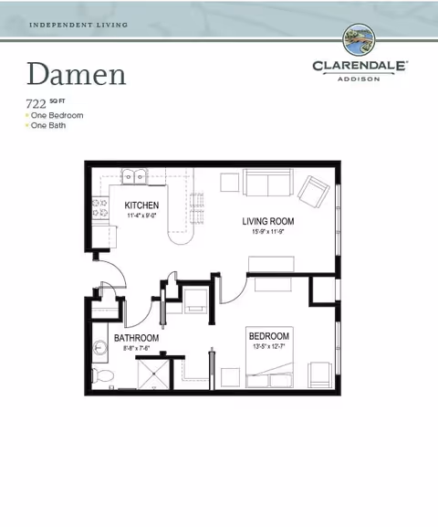 Floor plan of a one-bedroom, one-bath apartment named Damen at Clarendale of Addison, showing a kitchen, living room, bedroom, and bathroom with dimensions.