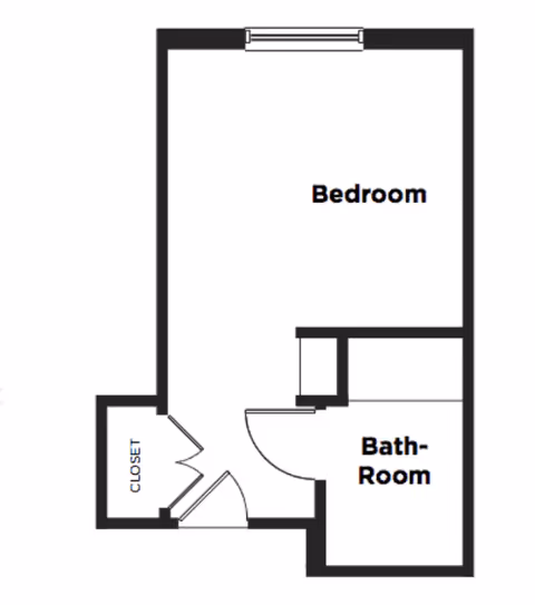 Floor plan layout showing a bedroom with an adjoining bathroom and a closet near the entrance.
