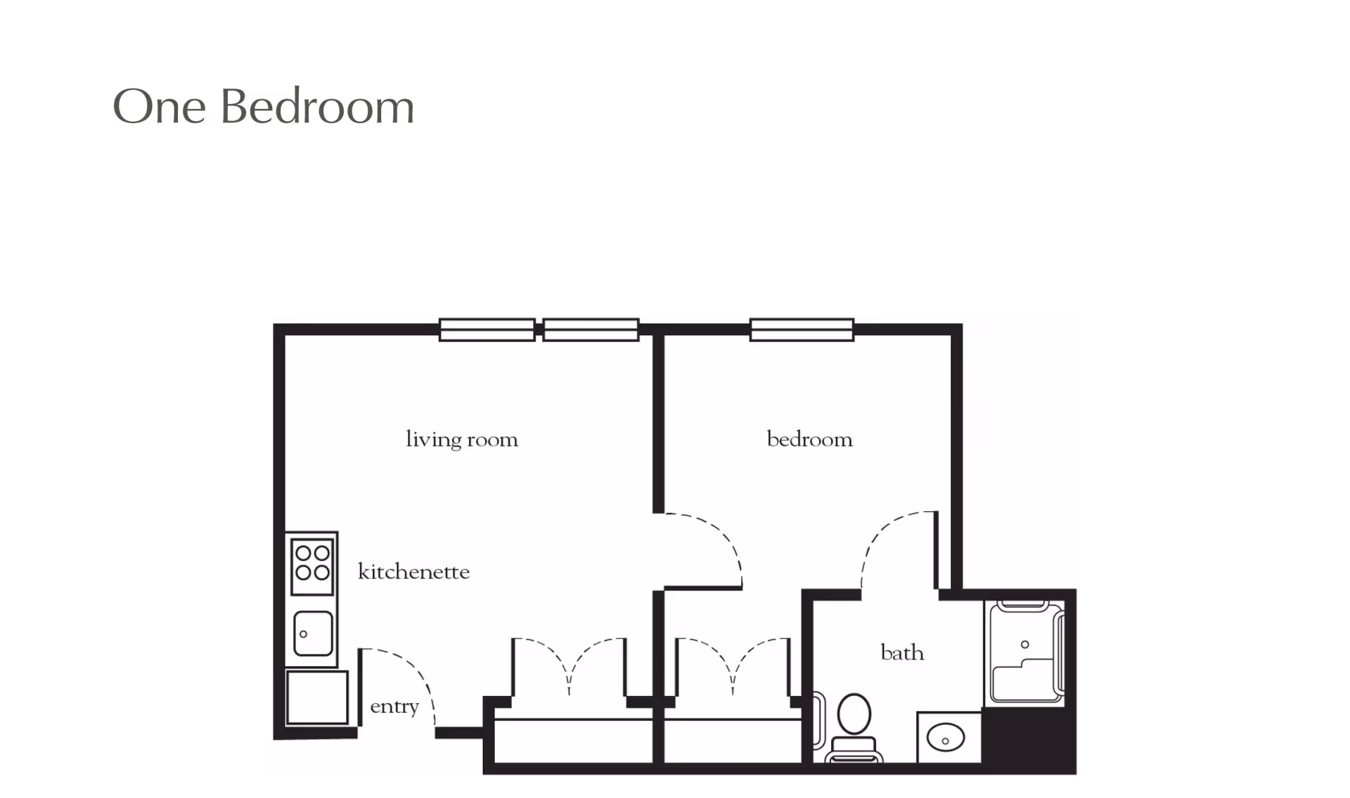 One-bedroom floor plan diagram on a black background showing a living room, kitchenette, bedroom, bath, and entry.