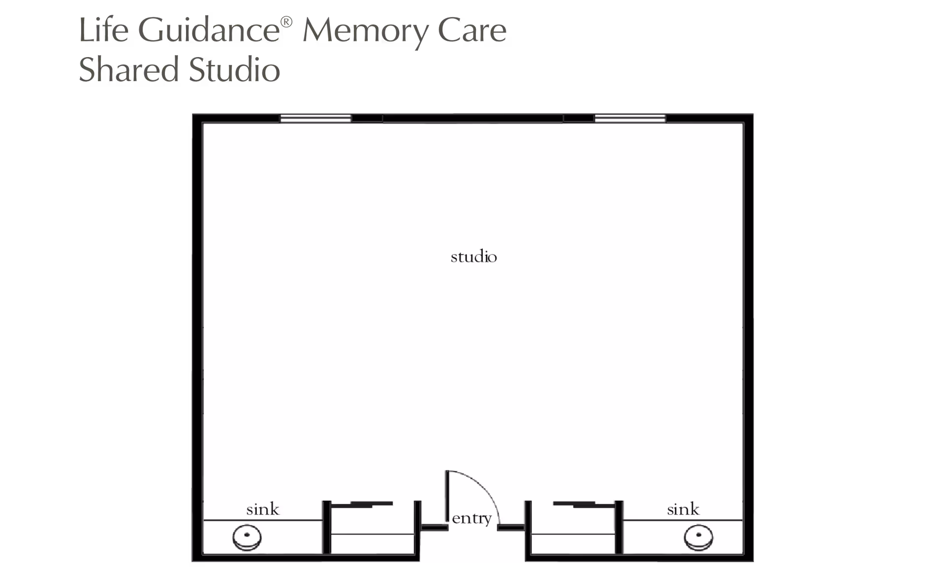 Black-and-white floor plan titled "Life Guidance® Memory Care Shared Studio" showing a studio room with an entry and two sinks.