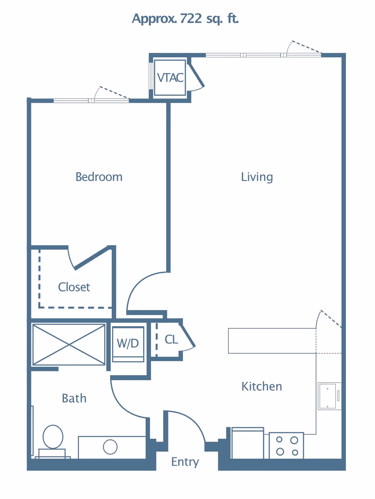 Floor plan of a 722 square feet apartment at Merrill Gardens at West Covina showing a bedroom with closet, bathroom, kitchen, living area, entry, and a small closet with washer/dryer.