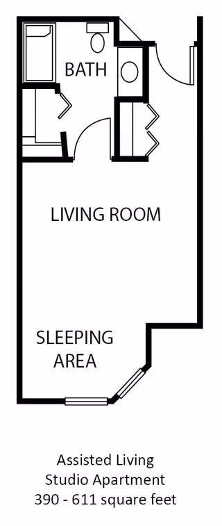 Floor plan of an assisted living studio apartment at Wynnfield Crossing showing a living room, sleeping area, and a bathroom with a bathtub, toilet, and sink. The layout includes an entry door and a small closet area.