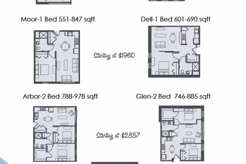 Floor plans for four apartment layouts at The James Ferndale: Moor-1 Bed (551-847 sqft), Dell-1 Bed (601-690 sqft), Arbor-2 Bed (788-978 sqft), and Glen-2 Bed (746-885 sqft), with starting prices listed as $1960 and $2857.