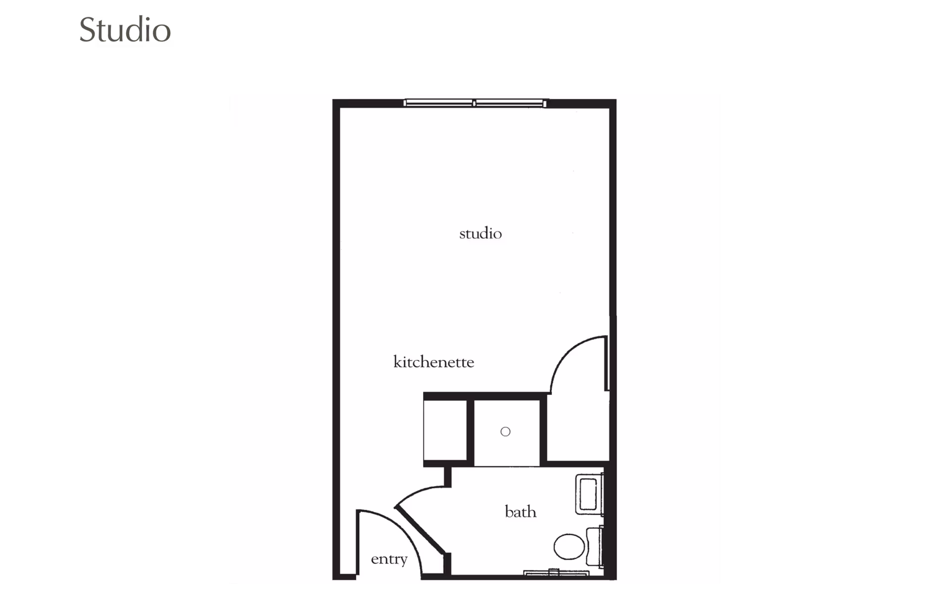 Floor plan of a studio apartment at Knoxville Landing - A Willow Ridge Senior Living community, showing an entry area, a kitchenette, a bath with toilet and bathtub, and a main studio living space.