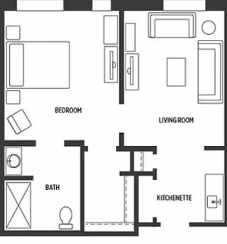 Black-and-white one-bedroom floor plan showing a bedroom, living room, bathroom, and kitchenette with labeled rooms and basic furniture layout.