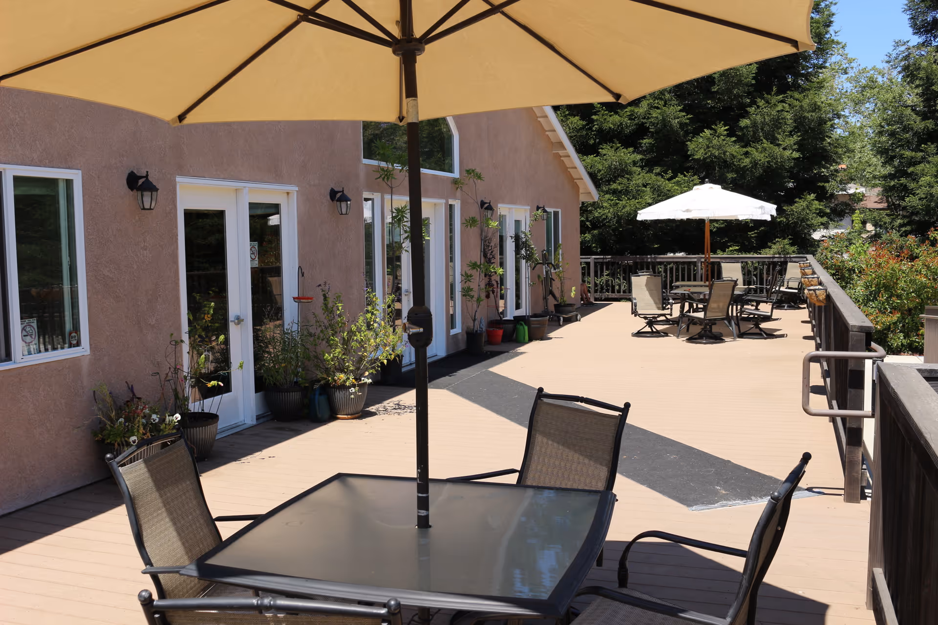 Outdoor patio area at Shearwater Senior Living with multiple tables and chairs under large umbrellas, potted plants along the building wall, and trees in the background under a clear blue sky.