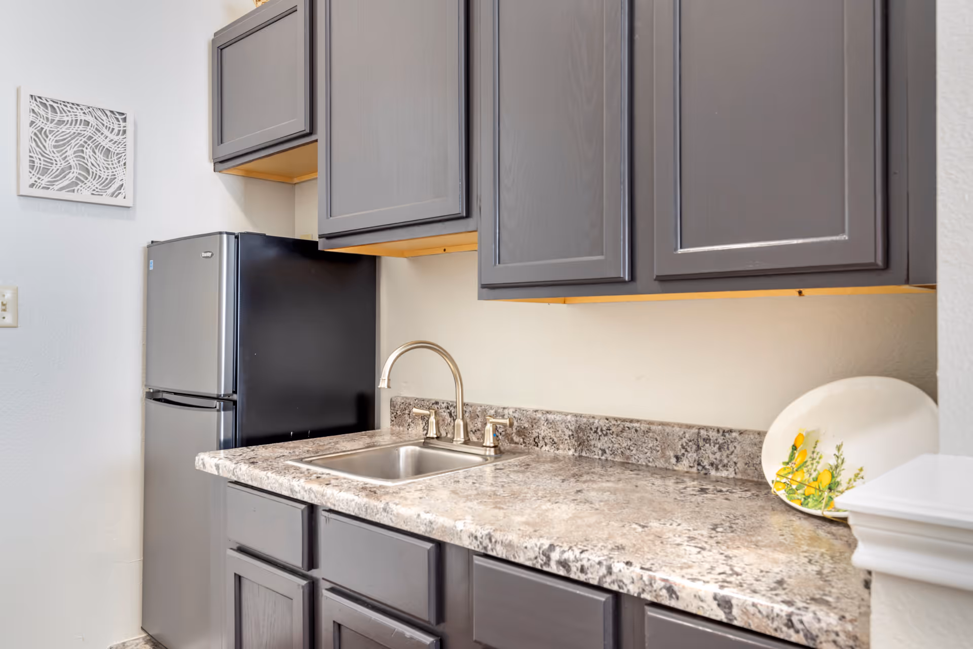 A kitchen area with dark gray cabinets, a stainless steel sink with a modern faucet, a granite countertop, and a small stainless steel refrigerator. There is a decorative plate with a floral design on the counter and a framed abstract artwork on the wall.