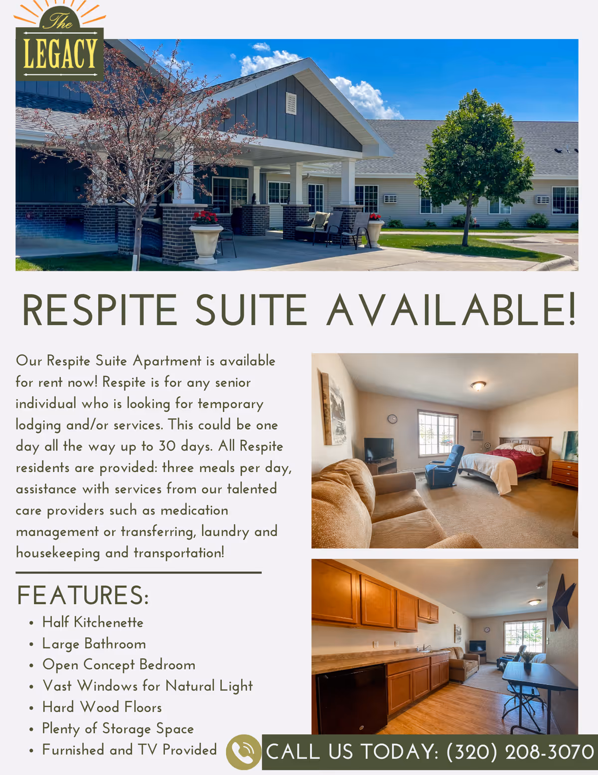 Exterior view of The Legacy Assisted Living facility showing a covered entrance with seating and trees under a blue sky. Below are two interior photos: one of a bedroom with a bed, armchair, couch, and TV, and another of a kitchenette and dining area with wooden cabinets, a table, and chairs.