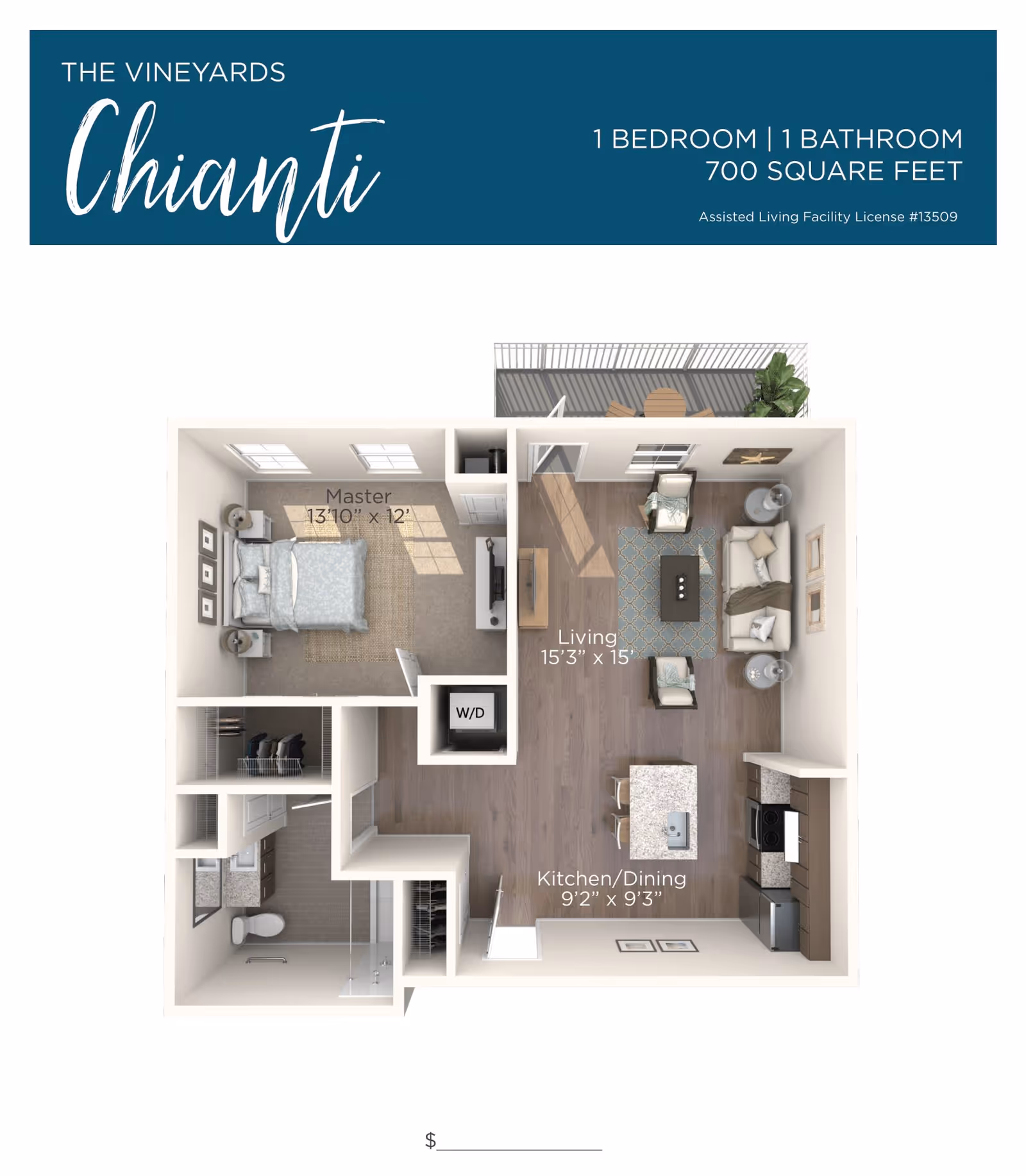 Rendered top-down floor plan labeled 'Chianti' for a 1-bedroom, 1-bathroom 700 sq ft apartment showing a living room, kitchen/dining area, bedroom, bathroom, balcony, and W/D.