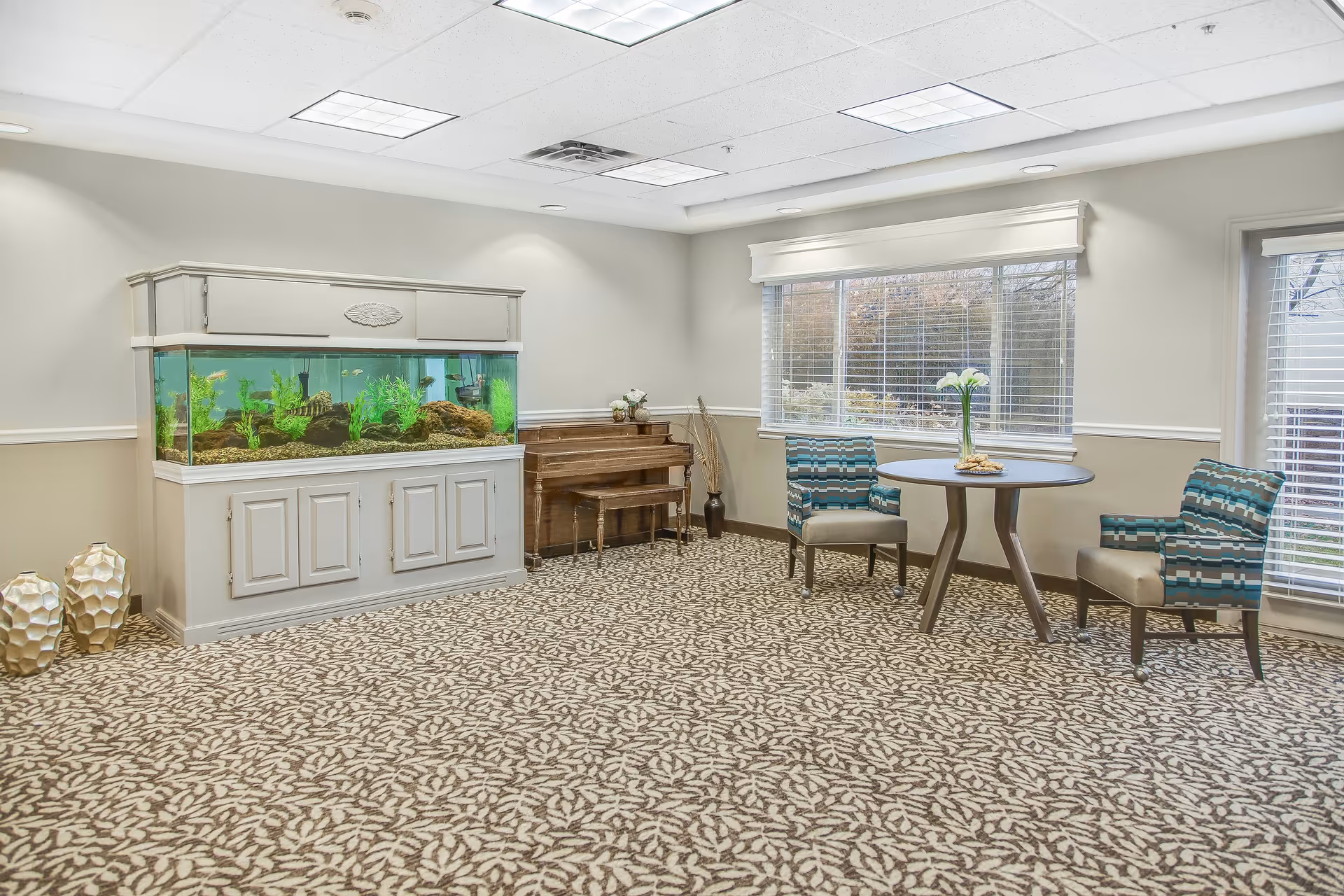 A bright and spacious room with a large fish tank on a white cabinet, a wooden piano with a bench, and a small round table with two patterned chairs. The room has a patterned carpet, large windows with blinds, and neutral-colored walls.