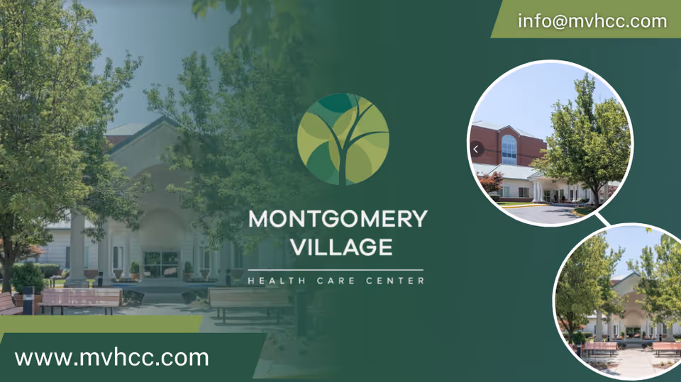 Exterior view of Montgomery Village Health Care Center showing the entrance with trees and benches in front, accompanied by two smaller circular inset images of the building's exterior.