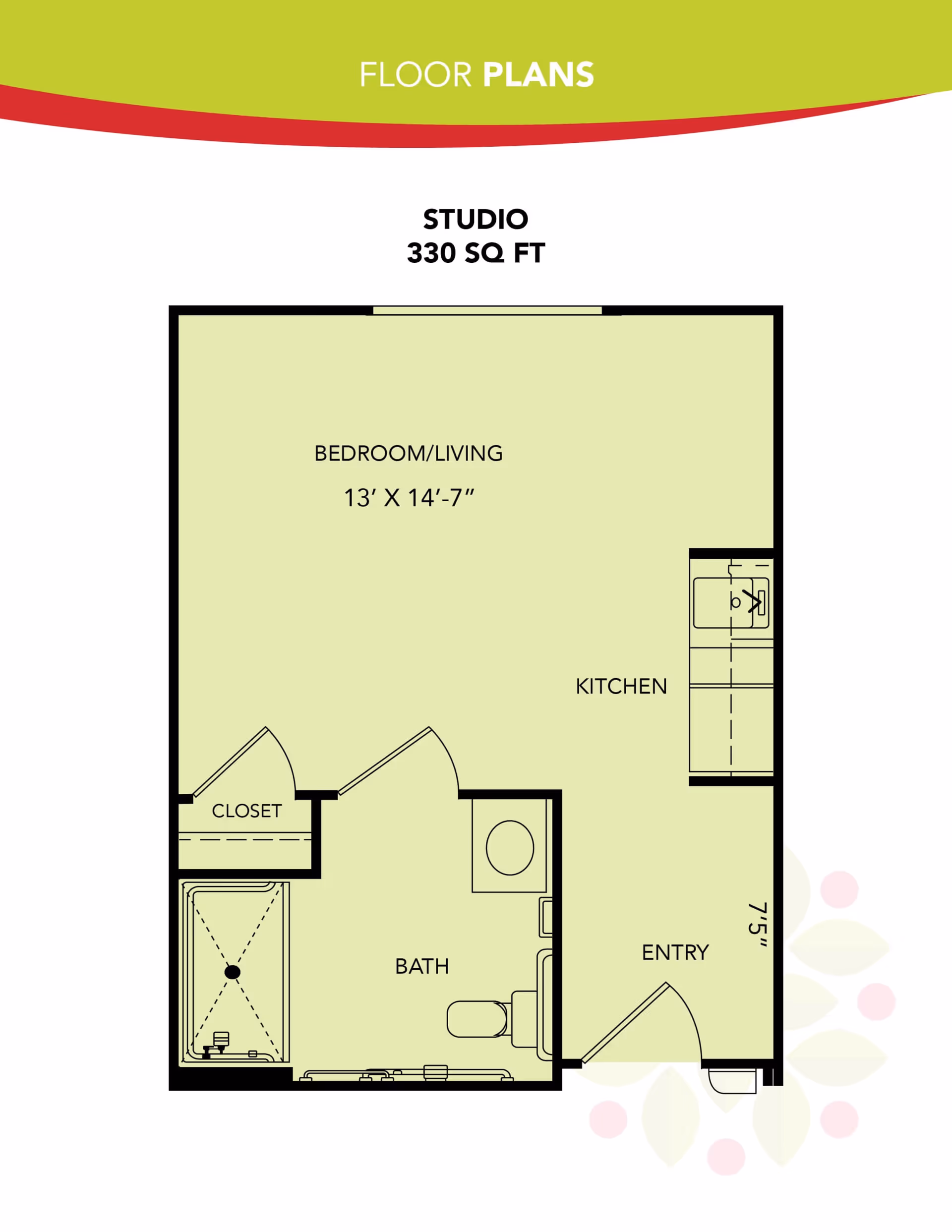 Floor plan of a studio apartment at Orchard Park of Permian Basin showing a 330 square feet layout with a combined bedroom and living area measuring 13 feet by 14 feet 7 inches, a kitchen area, a bathroom with a shower, toilet, and sink, a closet, and an entryway.