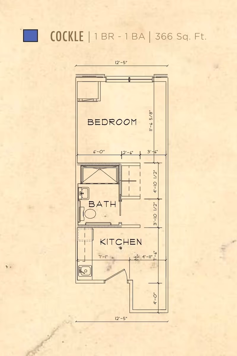 Architectural floor plan titled 'COCKLE | 1 BR - 1 BA | 366 Sq. Ft.' showing a bedroom, bath, and kitchen layout with dimensions.