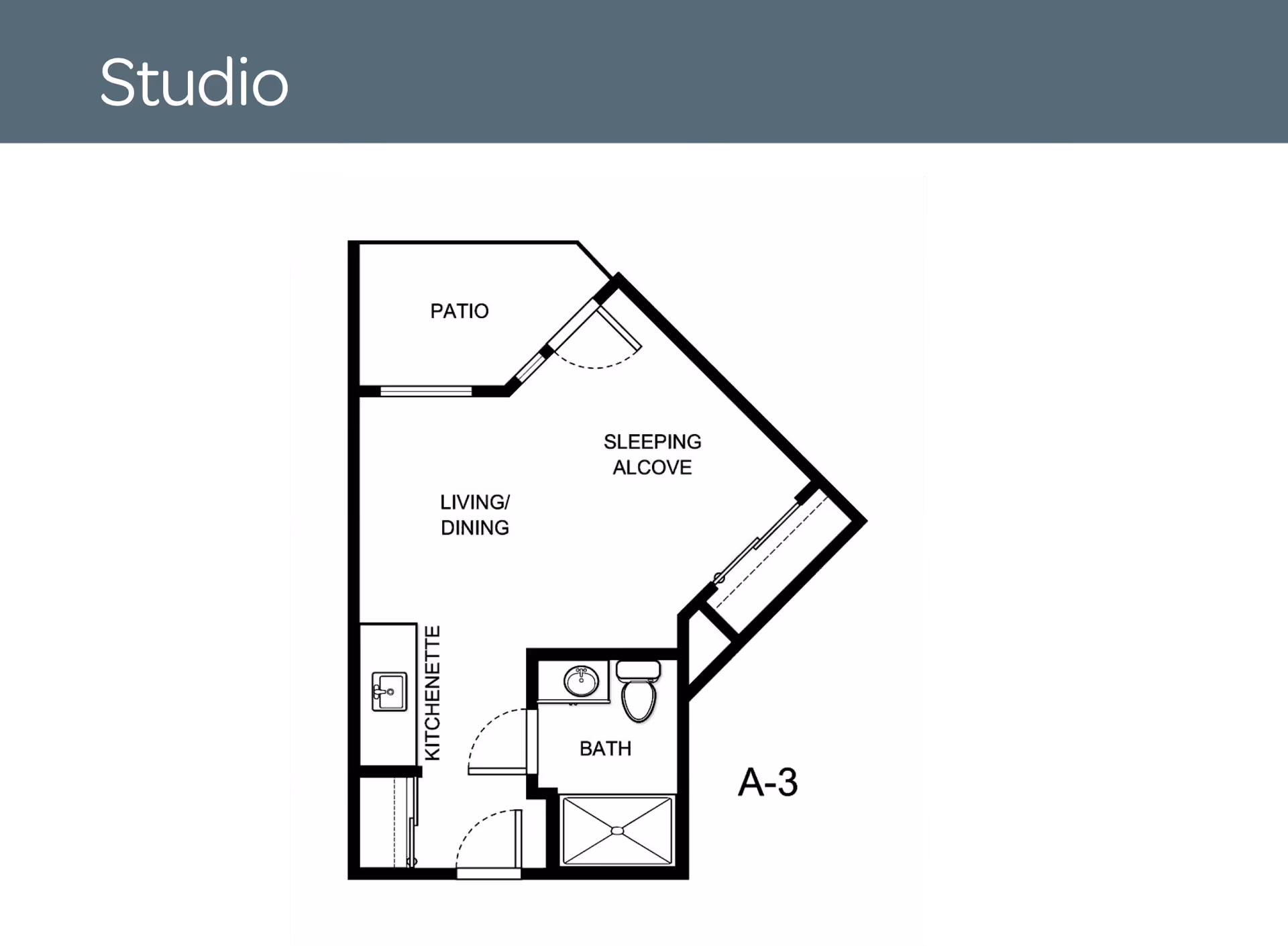 Black-and-white studio apartment floor plan labeled A-3 showing living/dining, sleeping alcove, kitchenette, bath, and patio.