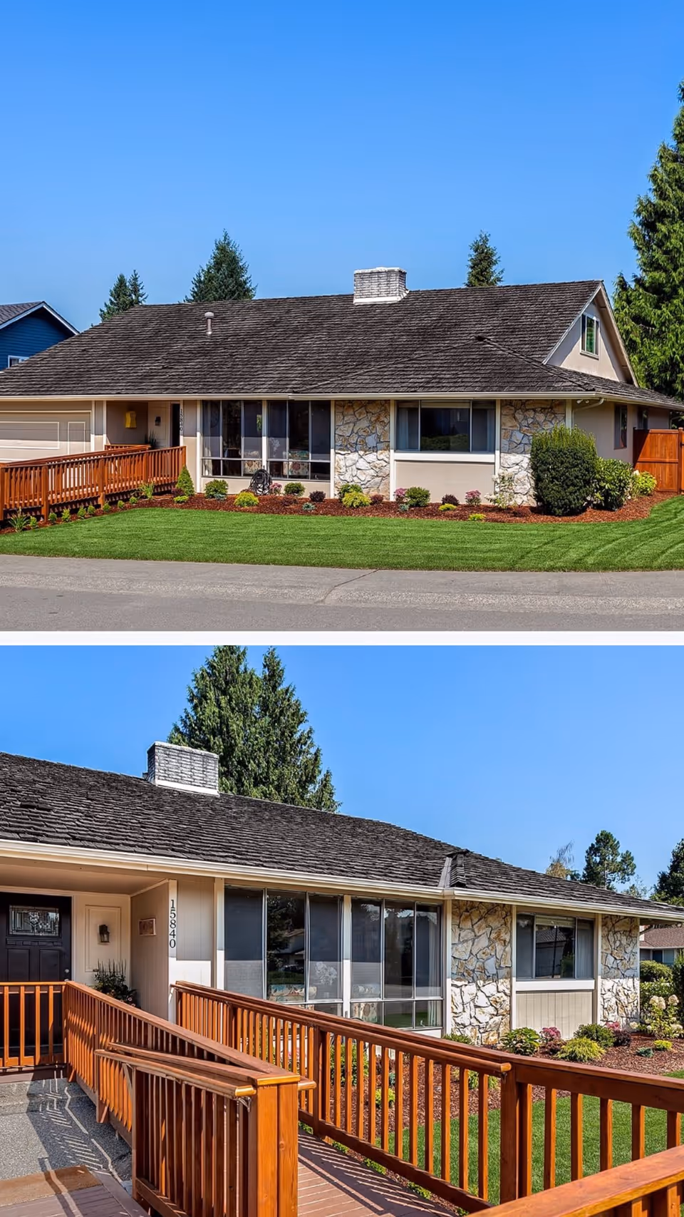 Two exterior views of a single-story residential building with a stone and beige facade, a dark shingled roof, and a wooden ramp leading to the front door. The building is surrounded by a well-maintained lawn, shrubs, and trees under a clear blue sky.