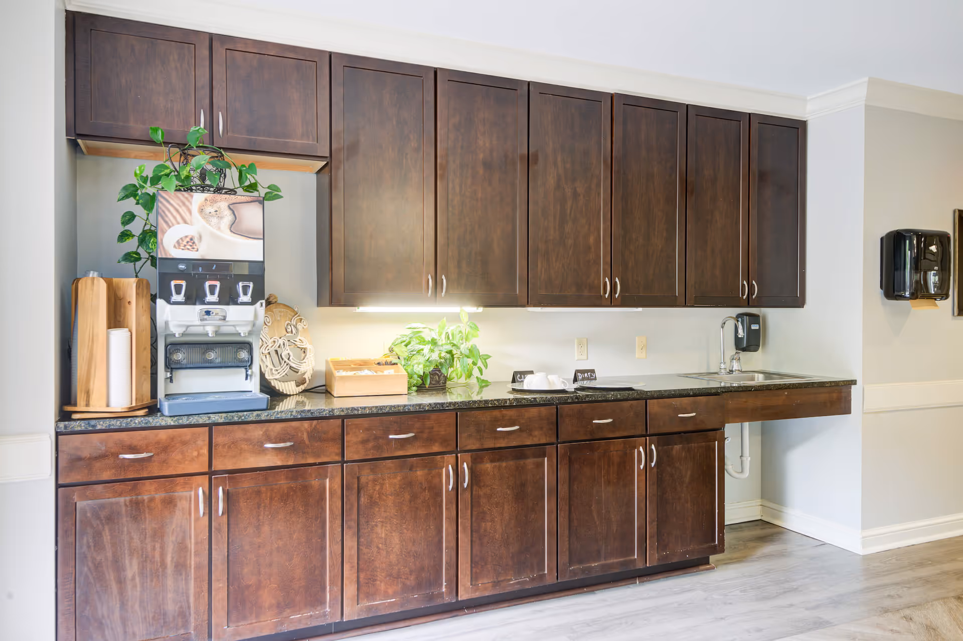 A small kitchenette with dark wood cabinets, a countertop coffee machine, sink, and potted plants.