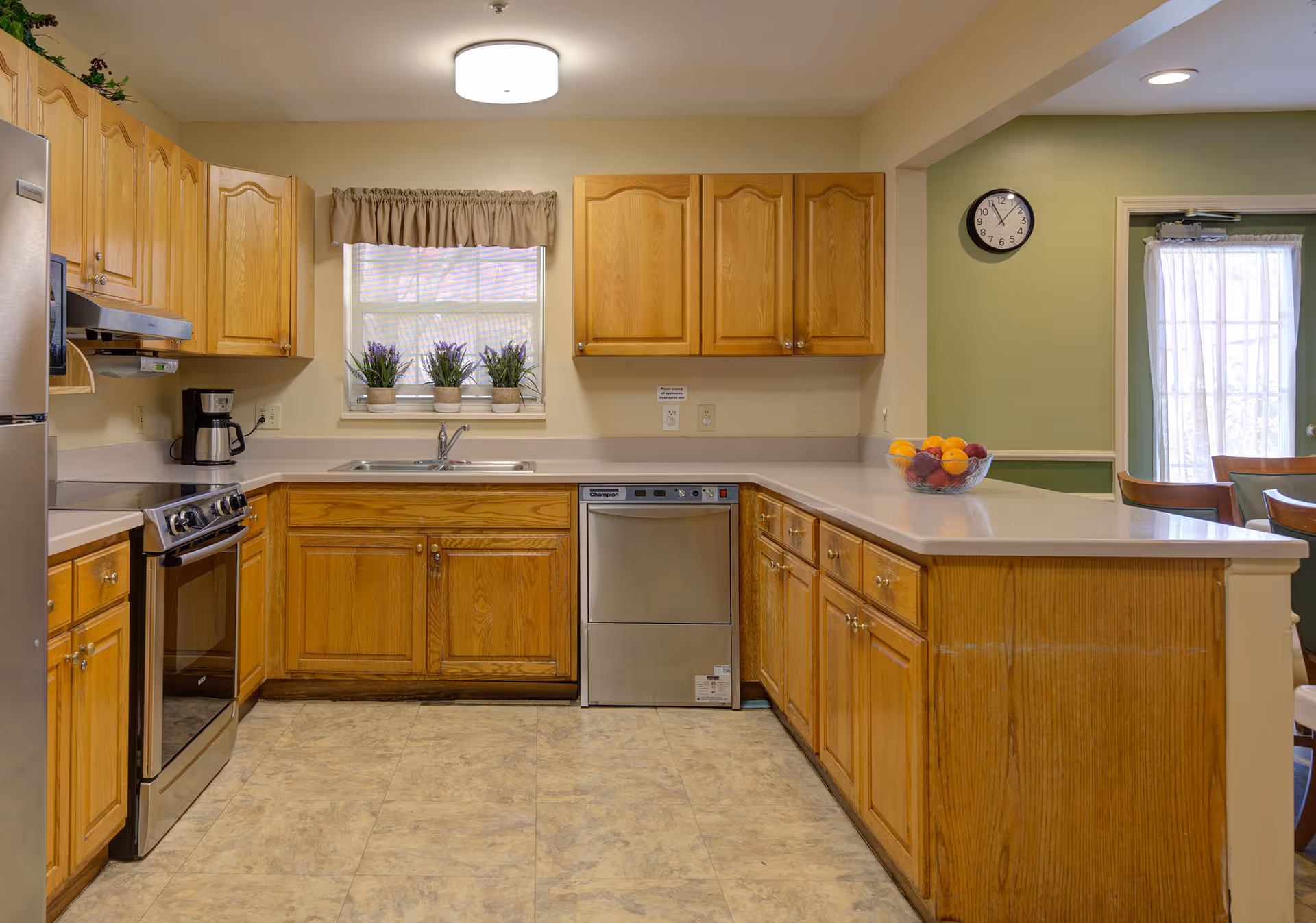 A clean and well-lit kitchen with wooden cabinets, a stainless steel stove, dishwasher, and refrigerator. There is a window above the sink with four potted plants on the windowsill. A bowl of fruit is placed on the countertop, and a clock is mounted on a green wall near a door with a sheer curtain.