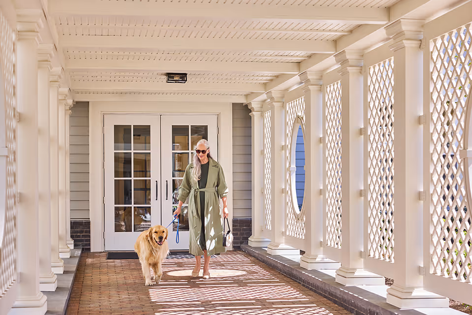 A woman wearing sunglasses and a long green coat walks a golden retriever dog on a leash through a covered walkway with white lattice walls and columns, leading to a set of double glass doors.