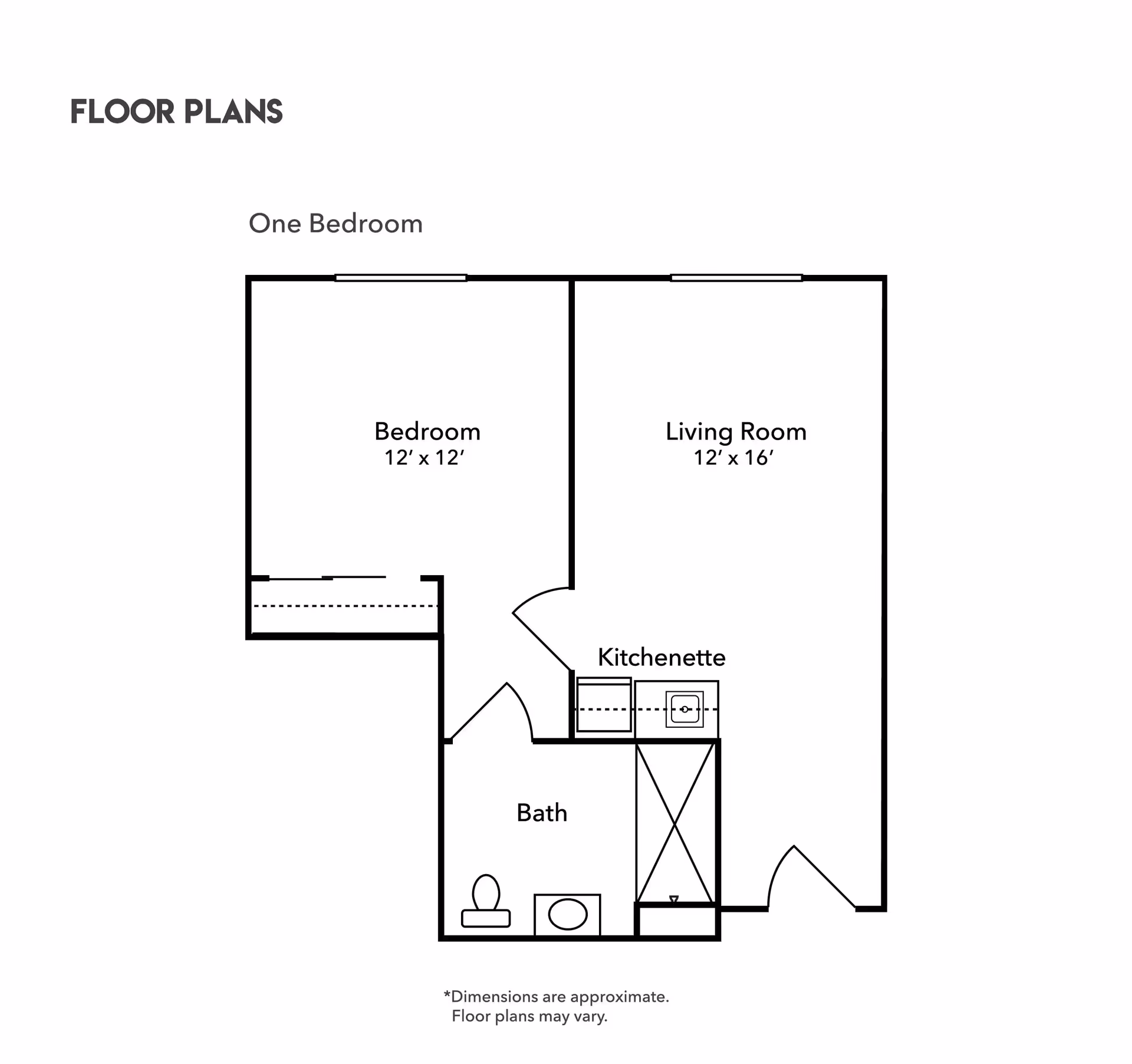 Floor plan of a one-bedroom unit showing a bedroom measuring 12 feet by 12 feet, a living room measuring 12 feet by 16 feet, a kitchenette, and a bathroom with a toilet, sink, and shower.