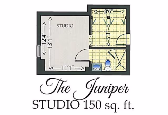 Floor plan of The Juniper studio apartment at Park Summit, showing a 150 square feet layout with a main studio room measuring 12 feet 4 inches by 13 feet 1 inch, a bathroom with a toilet, sink, and shower, and an entry area.