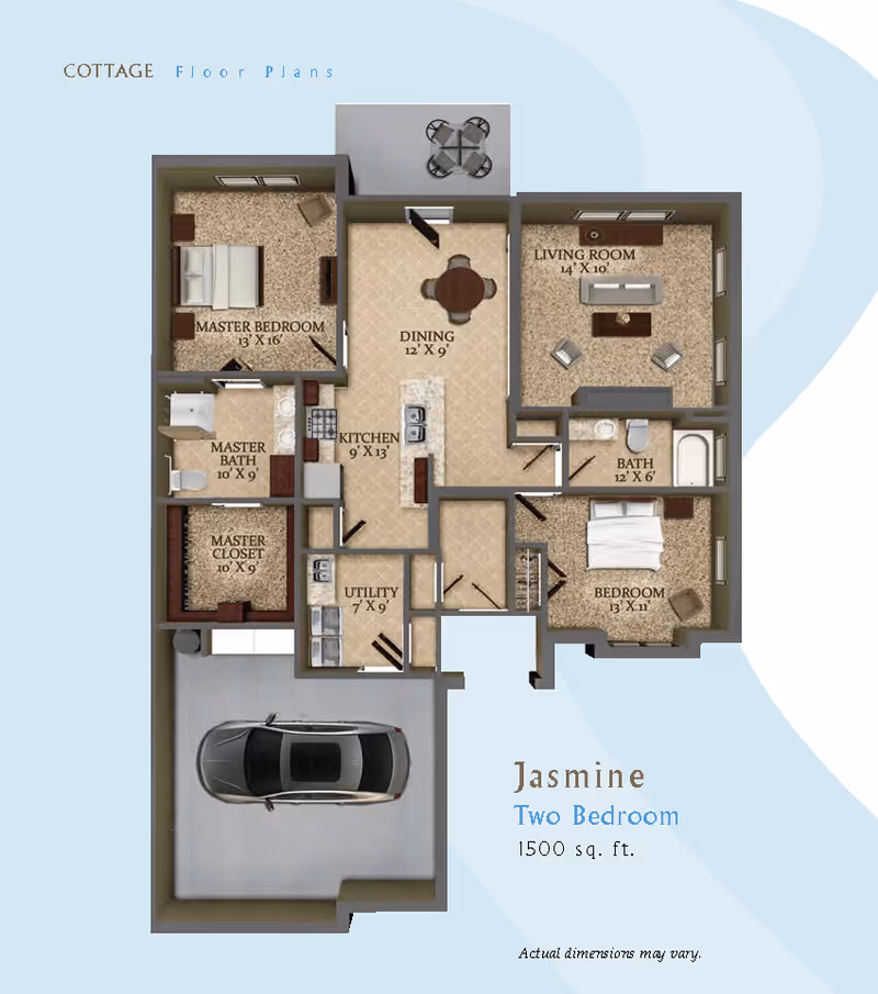 Floor plan of a two-bedroom cottage named Jasmine with 1500 sq. ft. showing a master bedroom with attached master bath and closet, a second bedroom, a living room, dining area, kitchen, utility room, a second bathroom, and a garage with a car parked inside.