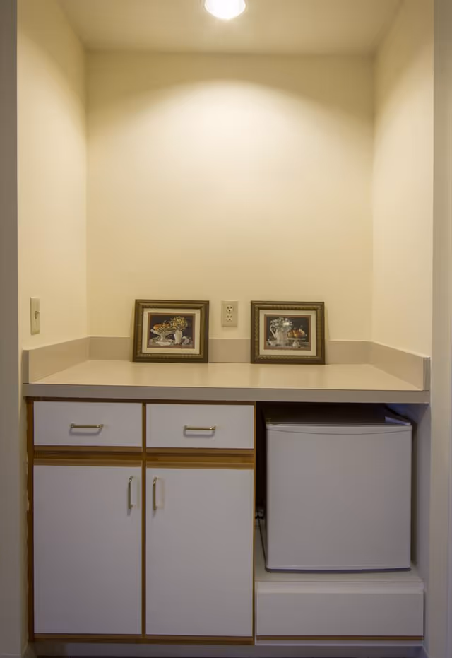 A small kitchenette area with a countertop, two framed pictures resting on the counter, two drawers and two cabinets below, and a compact refrigerator on the right side under the counter.
