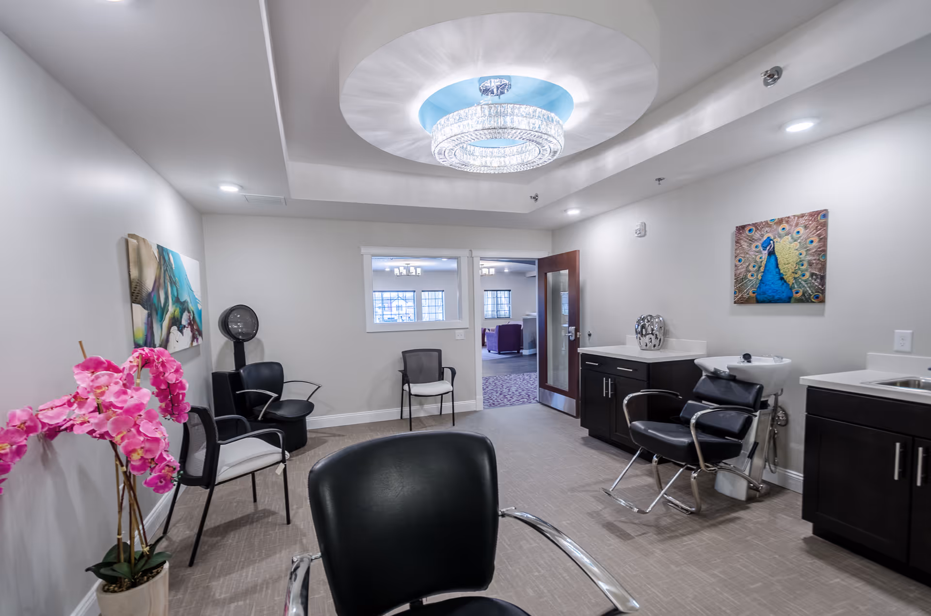 Interior view of a salon area in a senior living facility with black salon chairs, a hair washing station, cabinets, a pink orchid plant, and decorative wall art including a peacock painting. The room has a modern ceiling light fixture and neutral-colored walls and flooring.
